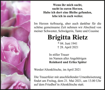 Traueranzeige von Brigitta Rietz  von Magdeburger Volksstimme