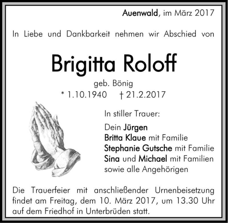  Traueranzeige für Brigitta Roloff (geb. Bönig)  vom 04.03.2017 aus Magdeburger Volksstimme