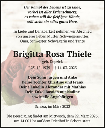 Traueranzeige von Brigitta Rosa Thiele (geb. Depzick)  von Magdeburger Volksstimme