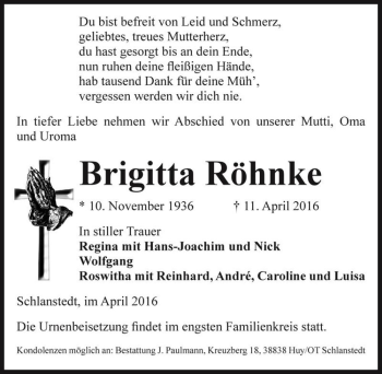 Traueranzeige von Brigitta Röhnke  von Magdeburger Volksstimme