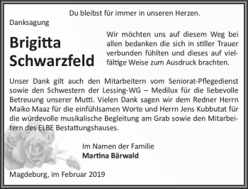 Traueranzeige von Brigitta Schwarzfeld  von Magdeburger Volksstimme