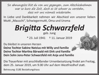 Traueranzeige von Brigitta Schwarzfeld (geb. Jung)  von Magdeburger Volksstimme