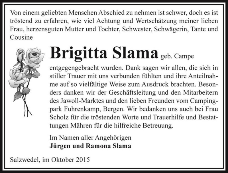  Traueranzeige für Brigitta Slama geb. Campe  vom 21.10.2015 aus Magdeburger Volksstimme