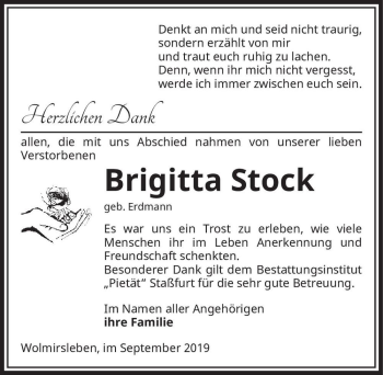 Traueranzeige von Brigitta Stock (geb. Erdmann)  von Magdeburger Volksstimme