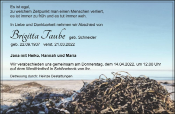 Traueranzeige von Brigitta Taube (geb. Schneider)  von Magdeburger Volksstimme