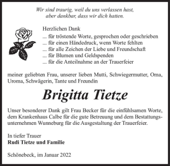 Traueranzeige von Brigitta Tietze  von Magdeburger Volksstimme