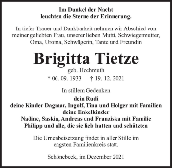 Traueranzeige von Brigitta Tietze (geb. Hochmuth)  von Magdeburger Volksstimme