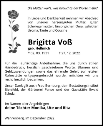 Traueranzeige von Brigitta Voß (geb. Hellmich)  von Magdeburger Volksstimme