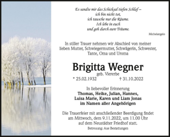 Traueranzeige von Brigitta Wegner (geb. Viererbe)  von Magdeburger Volksstimme