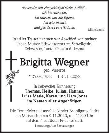 Traueranzeige von Brigitta Wegner (geb. Viererbe)  von Magdeburger Volksstimme