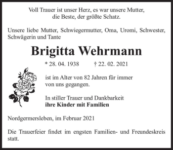 Traueranzeige von Brigitta Wehrmann  von Magdeburger Volksstimme