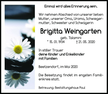 Traueranzeige von Brigitta Weingarten (geb. Talamini)  von Magdeburger Volksstimme