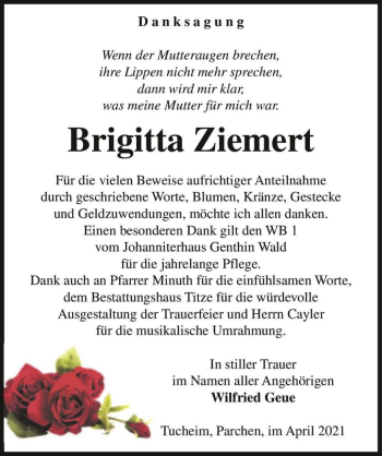 Traueranzeige von Brigitta Ziemert  von Magdeburger Volksstimme