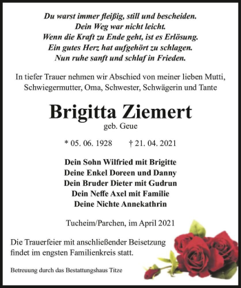 Traueranzeige von Brigitta Ziemert (geb. Geue)  von Magdeburger Volksstimme