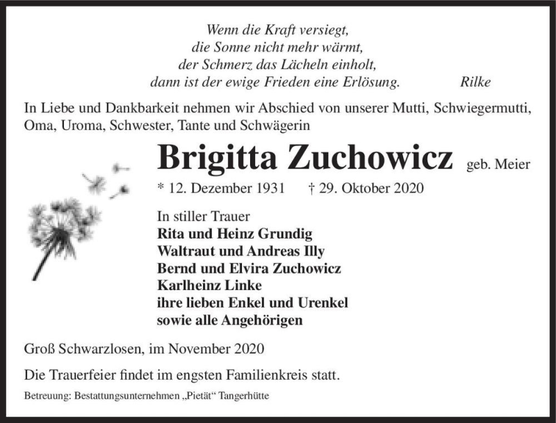  Traueranzeige für Brigitta Zuchowicz (geb. Meier)  vom 05.11.2020 aus Magdeburger Volksstimme