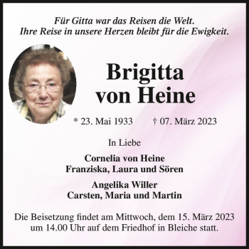 Traueranzeige von Brigitta von Heine  von Magdeburger Volksstimme