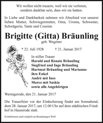 Traueranzeige von Brigitte (Gitta) Bräunling (geb. Wegener)  von Magdeburger Volksstimme