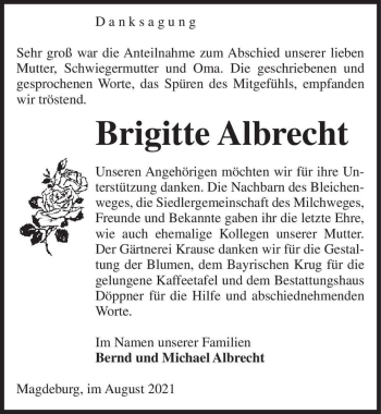 Traueranzeige von Brigitte Albrecht  von Magdeburger Volksstimme
