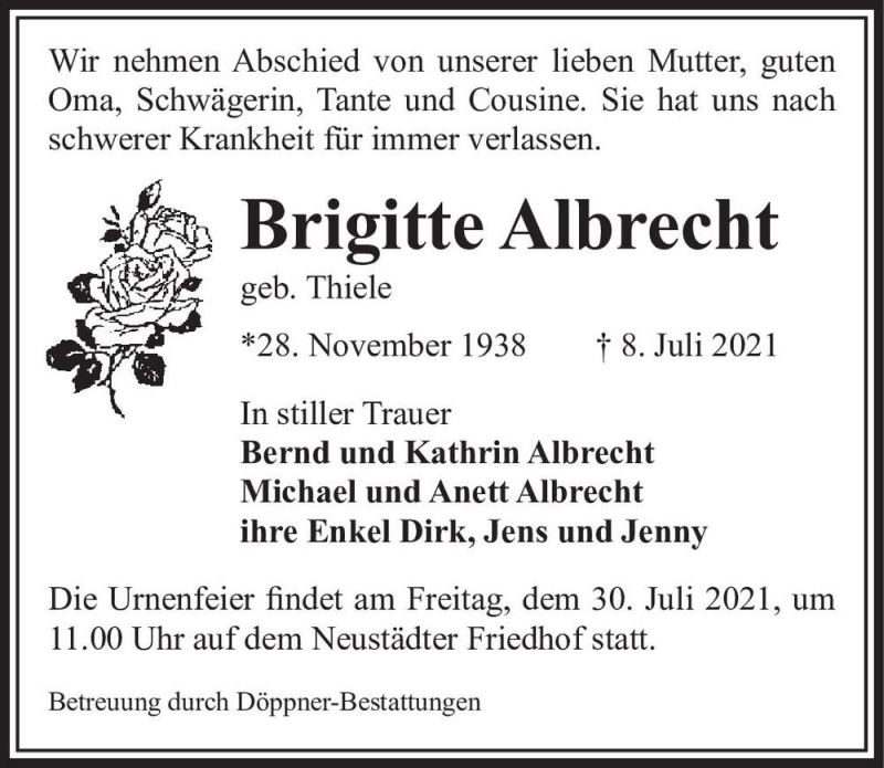  Traueranzeige für Brigitte Albrecht (geb. Thiele)  vom 17.07.2021 aus Magdeburger Volksstimme