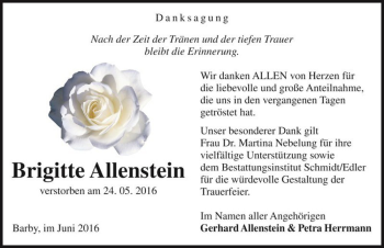 Traueranzeige von Brigitte Allenstein  von Magdeburger Volksstimme