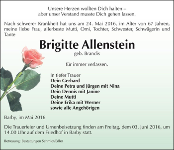 Traueranzeige von Brigitte Allenstein (geb. Brandis)  von Magdeburger Volksstimme
