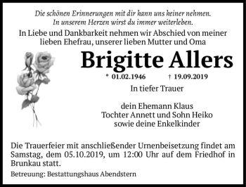 Traueranzeige von Brigitte Allers  von Magdeburger Volksstimme