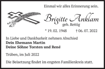 Traueranzeige von Brigitte Anklam (geb. Rettig)  von Magdeburger Volksstimme
