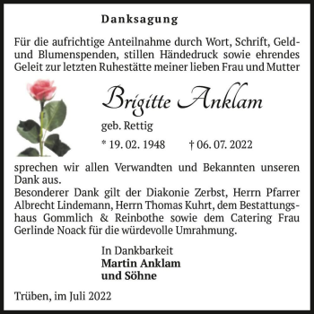 Traueranzeige von Brigitte Anklam (geb. Rettig)  von Magdeburger Volksstimme