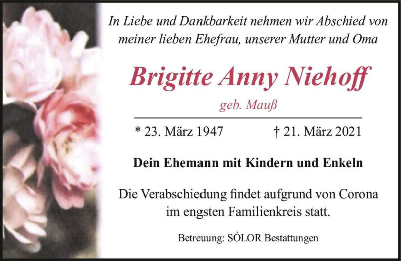  Traueranzeige für Brigitte Anny Niehoff (geb. Mauß)  vom 27.03.2021 aus Magdeburger Volksstimme