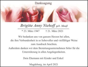 Traueranzeige von Brigitte Anny Niehoff (geb. Mauß)  von Magdeburger Volksstimme
