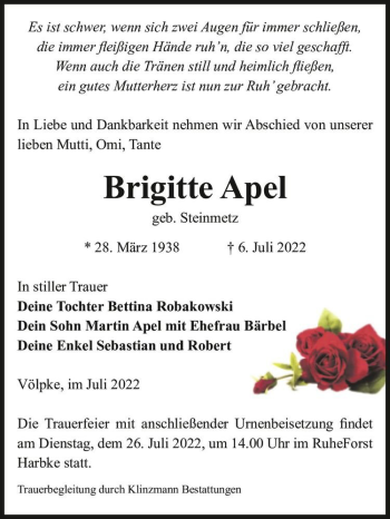 Traueranzeige von Brigitte Apel (geb. Steinmetz)  von Magdeburger Volksstimme