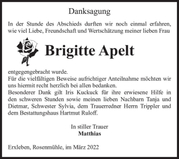 Traueranzeige von Brigitte Apelt  von Magdeburger Volksstimme