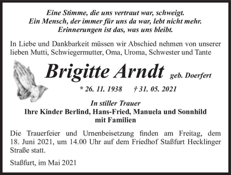  Traueranzeige für Brigitte Arndt (geb. Doerfert)  vom 05.06.2021 aus Magdeburger Volksstimme