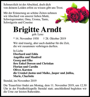 Traueranzeige von Brigitte Arndt (geb. Lenz)  von Magdeburger Volksstimme