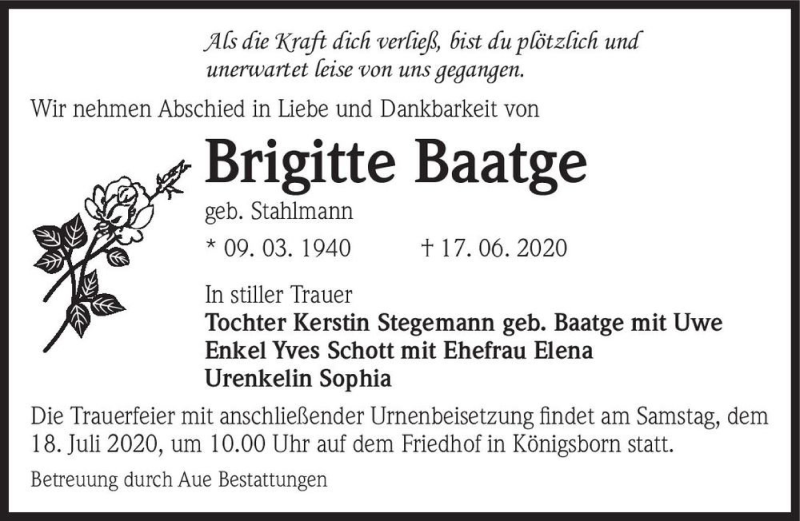  Traueranzeige für Brigitte Baatge (geb. Stahlmann)  vom 11.07.2020 aus Magdeburger Volksstimme