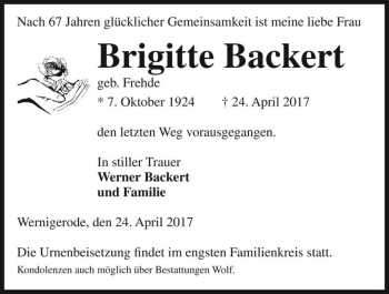 Traueranzeige von Brigitte Backert (geb. Frehde)  von Magdeburger Volksstimme