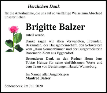 Traueranzeige von Brigitte Balzer  von Magdeburger Volksstimme