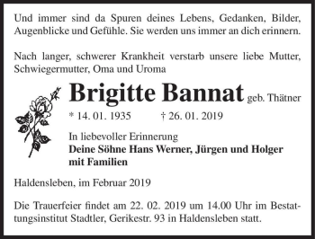 Traueranzeige von Brigitte Bannat (geb. Thätner)  von Magdeburger Volksstimme