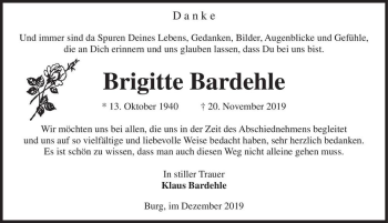 Traueranzeige von Brigitte Bardehle  von Magdeburger Volksstimme