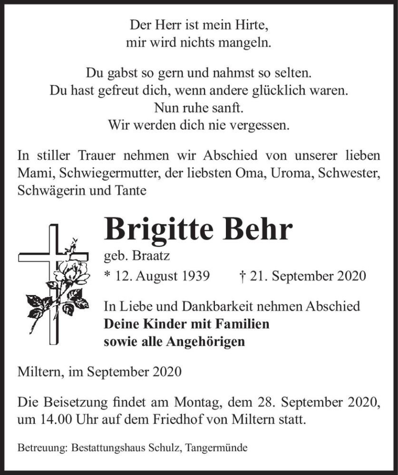  Traueranzeige für Brigitte Behr (geb. Braatz)  vom 24.09.2020 aus Magdeburger Volksstimme