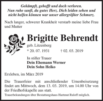 Traueranzeige von Brigitte Behrendt (geb. Litzenberg)  von Magdeburger Volksstimme