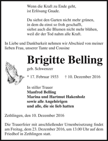 Traueranzeige von Brigitte Belling (geb. Schwenzer)  von Magdeburger Volksstimme