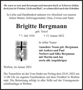 Traueranzeige von Brigitte Bergmann (geb. Tetzel)  von Magdeburger Volksstimme