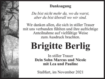Traueranzeige von Brigitte Berlig  von Magdeburger Volksstimme