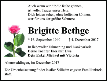 Traueranzeige von Brigitte Bethge  von Magdeburger Volksstimme