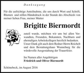 Traueranzeige von Brigitte Biermordt  von Magdeburger Volksstimme