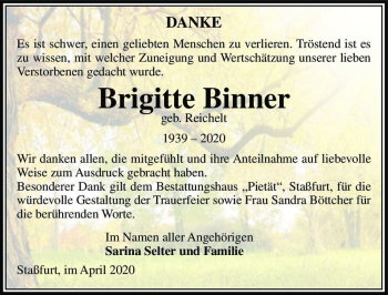 Traueranzeige von Brigitte Binner (geb. Reichelt)  von Magdeburger Volksstimme