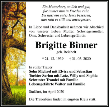 Traueranzeige von Brigitte Binner (geb. Reichelt)  von Magdeburger Volksstimme