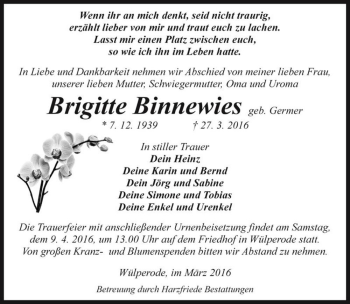 Traueranzeige von Brigitte Binnewies (geb. Germer)  von Magdeburger Volksstimme