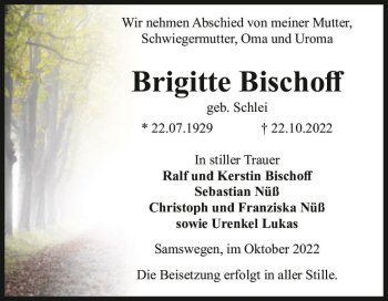 Traueranzeige von Brigitte Bischoff (geb. Schlei)  von Magdeburger Volksstimme